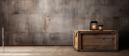In a dimly-lit room, an old wooden crate with a retro design leaned against the textured wall, holding a new oak table on the hardwood floor, its grain showcasing the beauty of the timber. photo