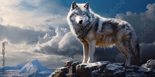 a white wolf standing on top of snowy rocks, generative AI © VALUEINVESTOR