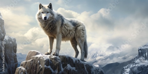 a white wolf standing on top of snowy rocks, generative AI © VALUEINVESTOR