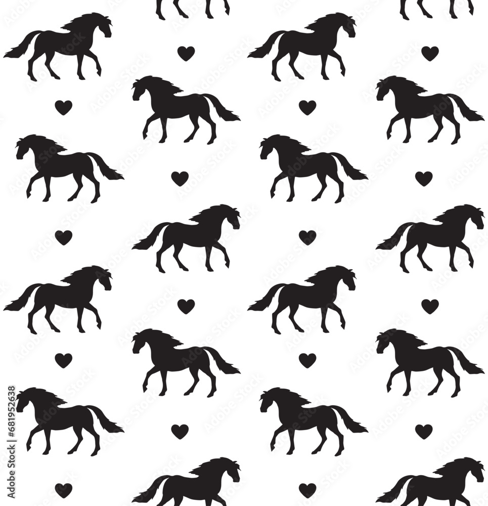 Vector seamless pattern of hand drawn horse and hearts silhouette isolated on white background