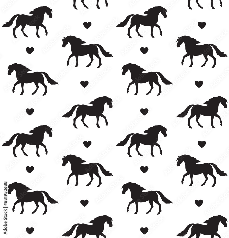 Vector seamless pattern of hand drawn horse and hearts silhouette isolated on white background Vector seamless pattern of hand drawn horse and hearts silhouette isolated on white background