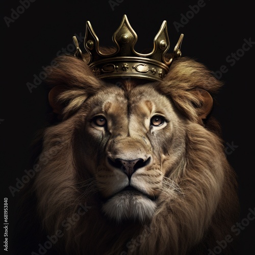 portrait of a majestic lion with a crown