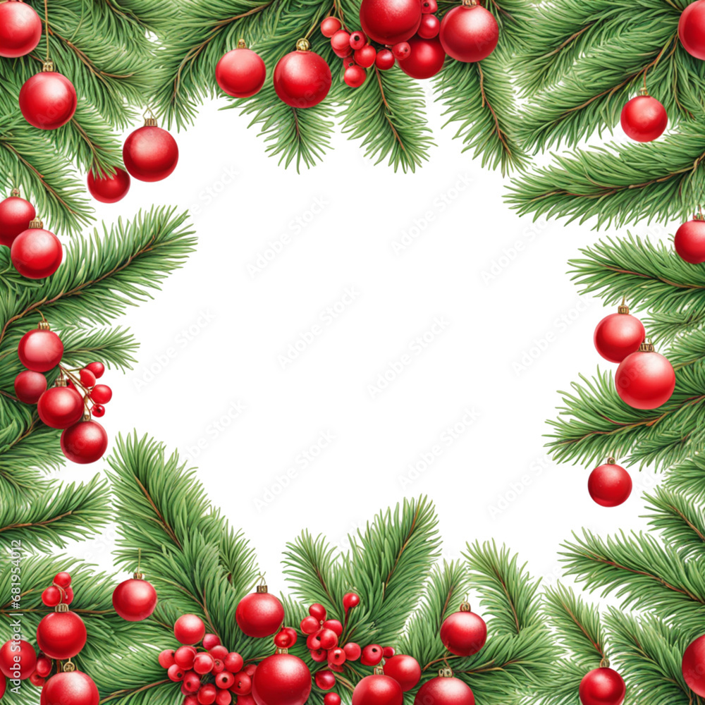 wide garland of Christmas tree branches and red berries. Isolated without shadow  isolated on white background