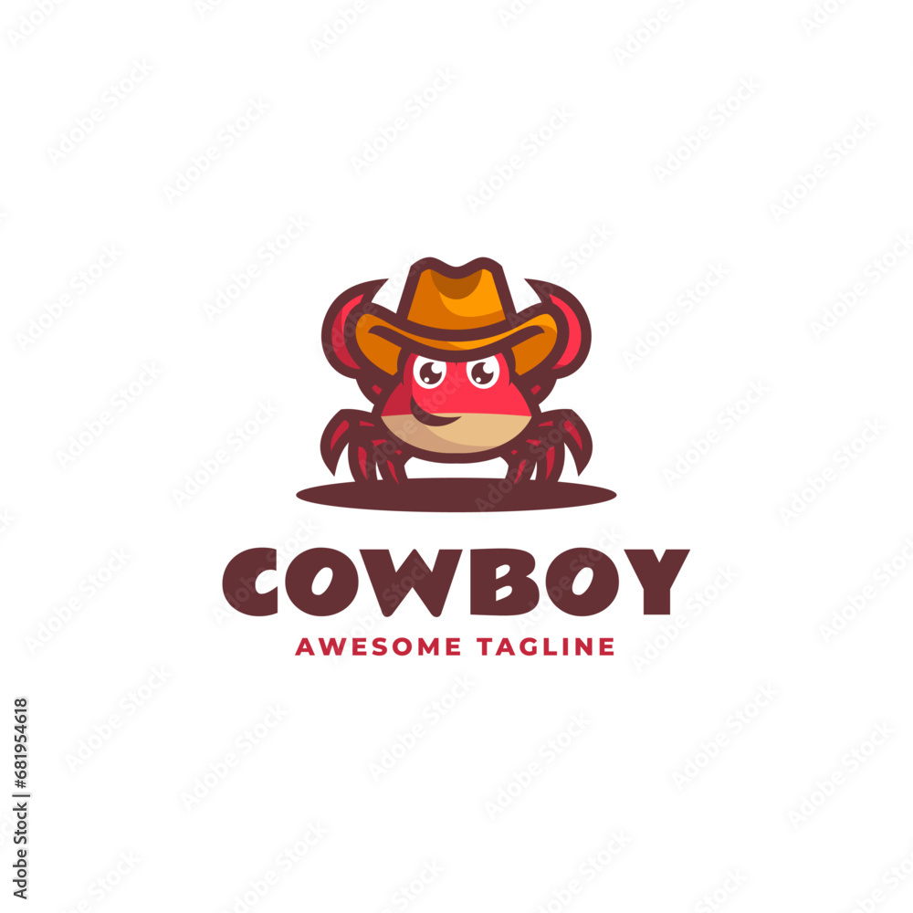 Vector Logo Illustration Cowboy Crab Mascot Cartoon Style.