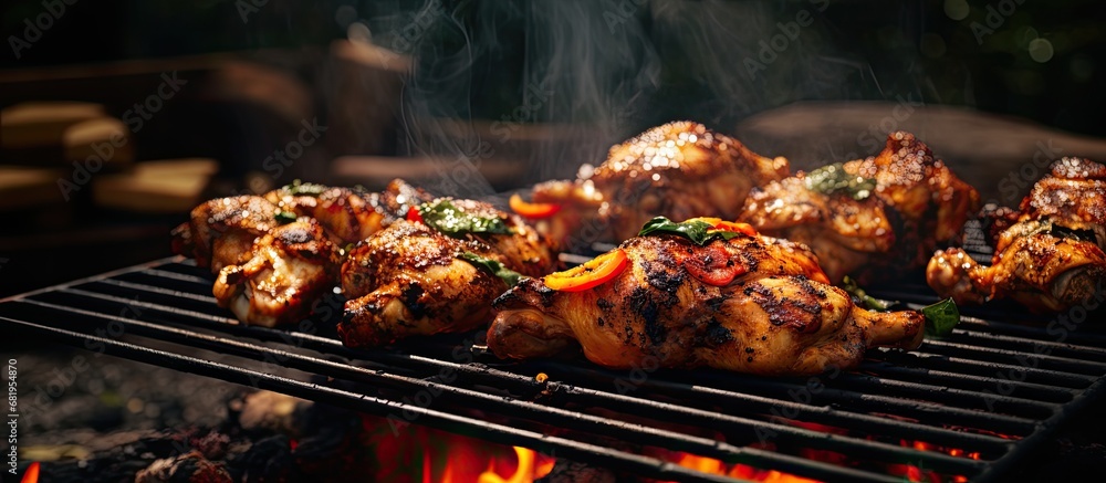 At the summer barbecue party, the mouth-watering smell of smoke and flame engulfed the air as the cook expertly grilled Asian-inspired chicken, creating a healthy and delicious meal for all to enjoy
