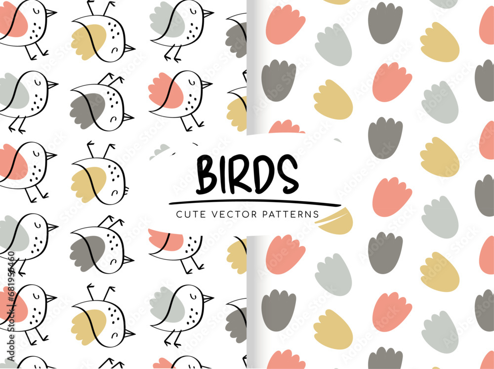Seamless patterns with doodle birds and flowers. Fabric print for children,digital paper Seamless patterns with doodle birds and flowers. Fabric print for children,digital paper