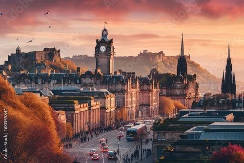 Edinburgh cityscape at sunset, Scotland, United Kingdom. HDR image, View of Edinburgh Castle, Balmoral Hotel and Princes Street from Calton Hill at golden hour, AI Generated photo