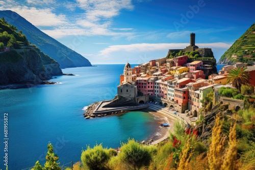 Panoramic view of Vernazza village in Cinque Terre, Italy, view of famous travel landmark destination Vernazza,small mediterranean old sea town with harbour coast and castle, AI Generated