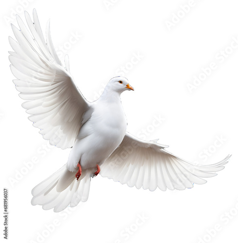 A free flying white dove isolated on transparent background