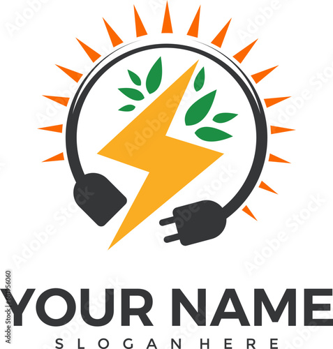 Green leaf with plug electric icon, Renewable power and clean energy, Eco friendly charging symbol, Vector illustration