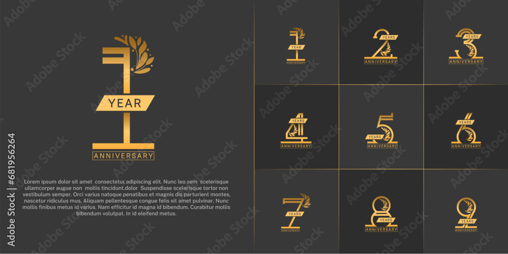 set of anniversary logotype golden color with ornament for special celebration event