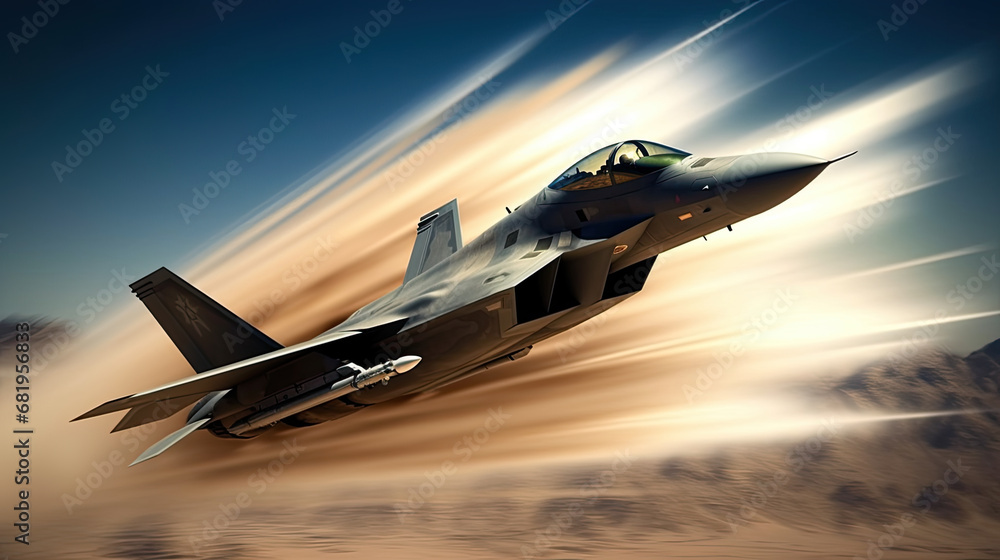 Military fighter jet goes supersonic - obrazy, fototapety, plakaty 