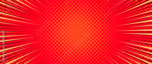 Red radial dotted comic background. Speed lines wallpaper with pop art halftone texture. Anime cartoon yellow rays explosion backdrop for poster, banner, print, magazine, flyer. Vector illustration