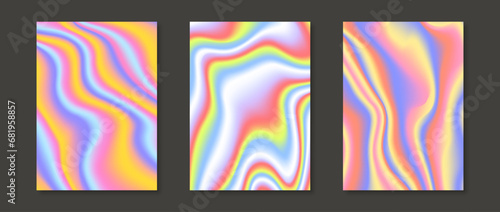Holographic backgrounds set. Rainbow fluid gradient wallpaper collection for card, brochure, flyer, poster, banner, booklet. Foil iridescent liquid backdrop bundles. Vector colorful templates pack