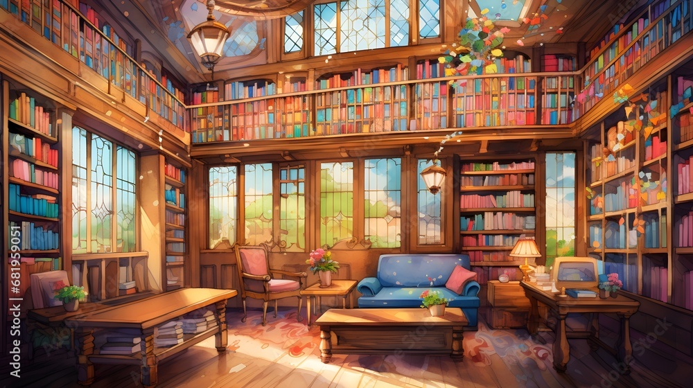 Watercolor cozy library room in a wooden house 