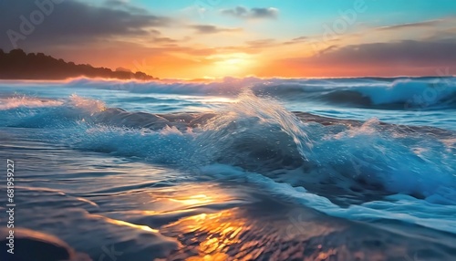 Ocean waves crashing on shore close-up shot. © CreativeStock