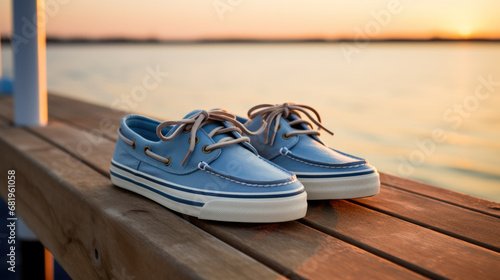 Blue boat shoes on wooden background. Leather shoes. Mens leather shoes. Blue leather shoes. Top-siders outdoors. photo