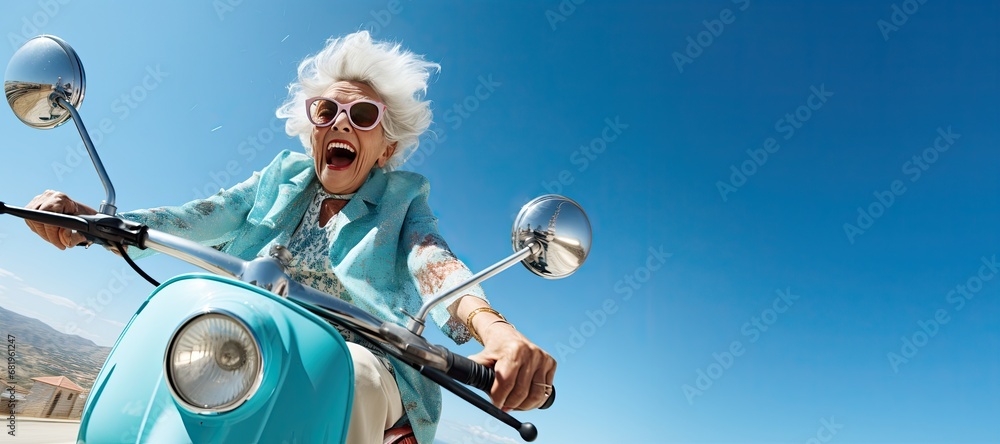An elderly cheerful woman with gray hair rides a blue scooter and smiles. Generated by AI. - obrazy, fototapety, plakaty 