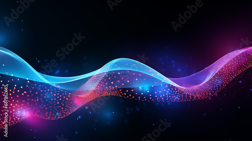 techno futuristic twisted dotted neon glowing waves on black background