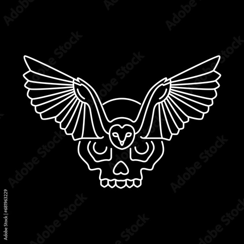 barn owl fly wings hunter freedom with skull cranium line style logo design vector icon illustration