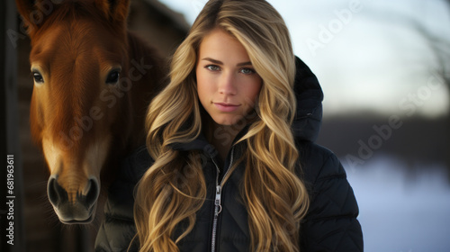 Beautiful Asia girl taking care of her horse with love and caring.