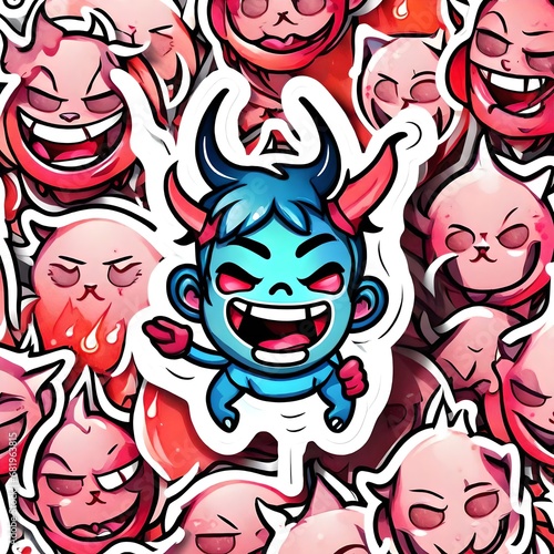 A very cute cartoon devil laughing done as a kawaii-style colorful drawing