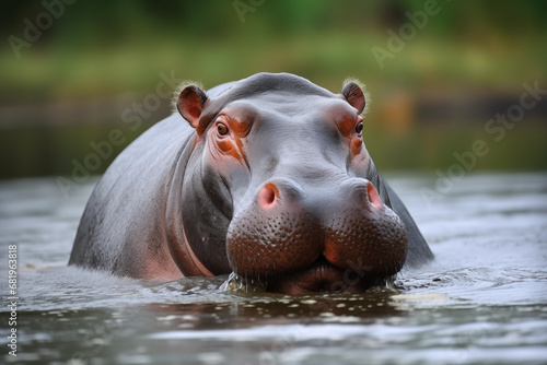 Big hippopotamus in Africa. Wildlife scene from nature. Animal in the habitat.