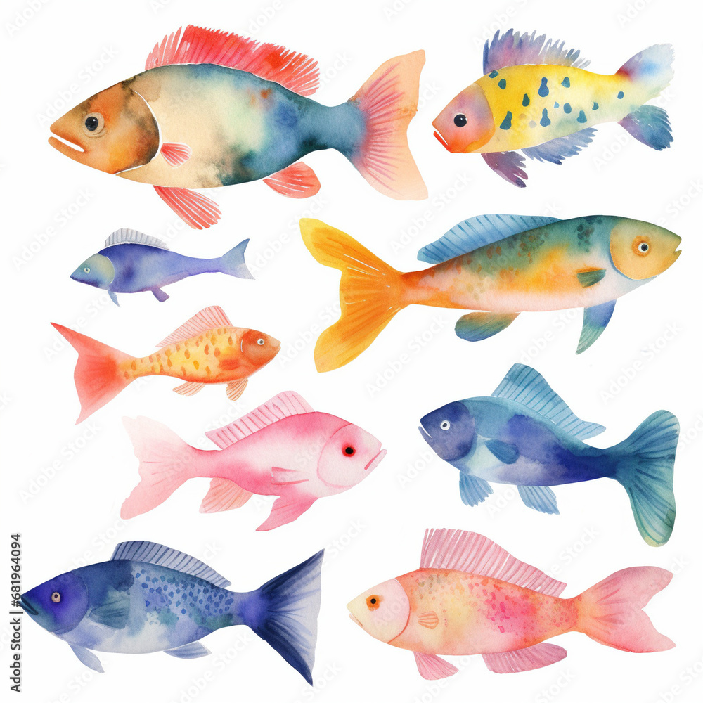 Fototapeta premium Set of watercolor fishes on white background clipart