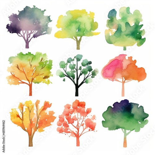 Set of watercolor trees on white background clipart