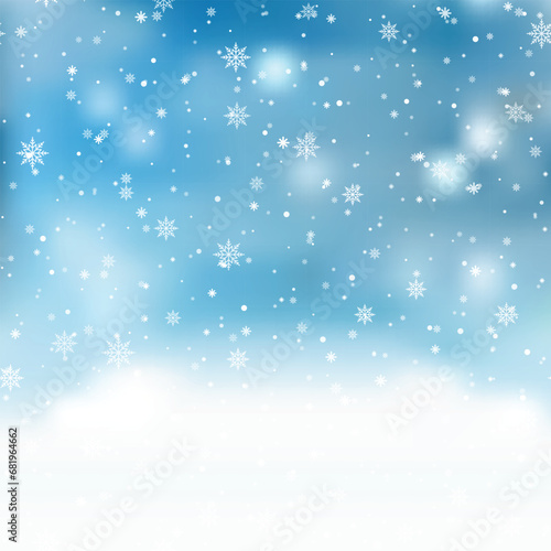 Natural Winter Christmas background with sky, heavy snowfall, snowflakes in different shapes and forms, snowdrifts. Vector