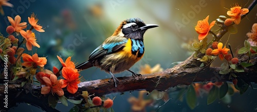 In the lush garden of Thailands park, a vibrant portrait unfolds as a cute black and orange bird with feathers of green perches on a tree, amidst other colorful birds and plants, creating a © 2rogan