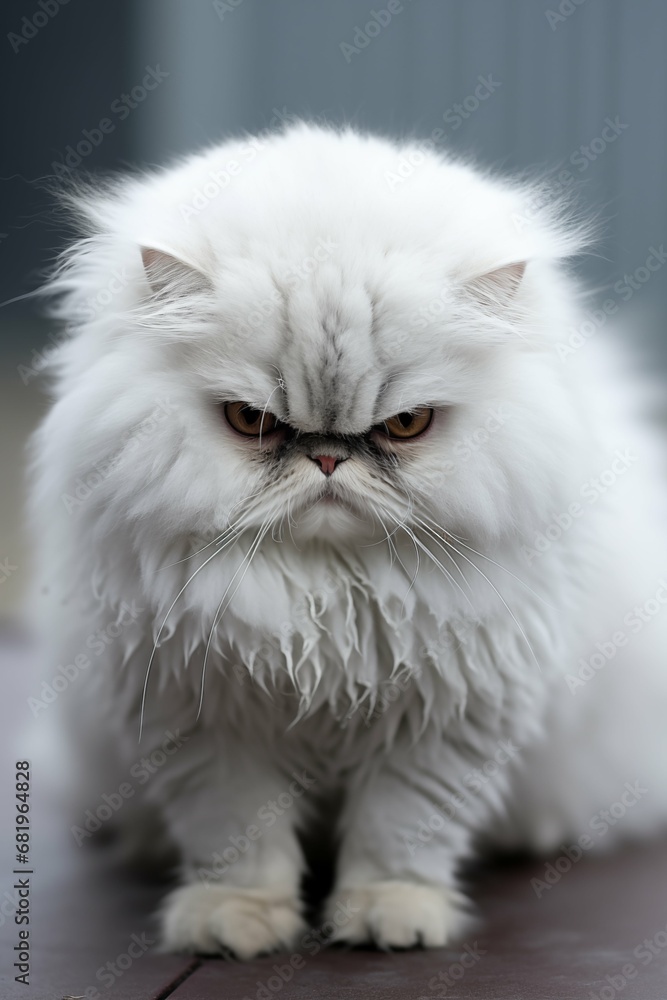 Very serious white cat with a frowning look