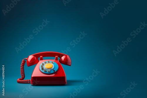 Shot of land line receiver telephone with copy space. Blue and red land line telephone with plain background. 