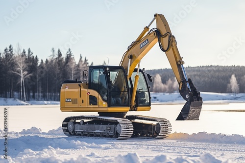 Construction site crawler excavator stands in a winter scenery. Construction during winter and snow, stranded in winter conditions.