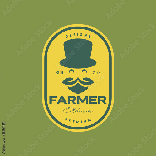 old man mustache bearded farmer agriculture leaves hat vintage style badge sticker logo design vector icon illustration