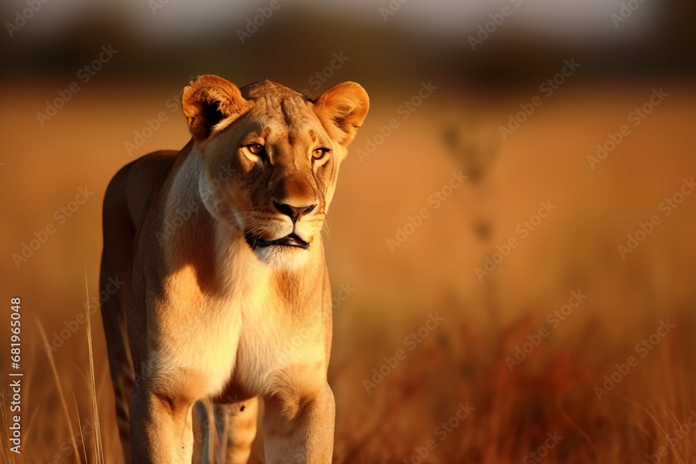 Fototapeta premium Big lioness with mane in Africa. African lion walking in the grass, with beautiful evening light. Wildlife scene from nature. Animal in the habitat.