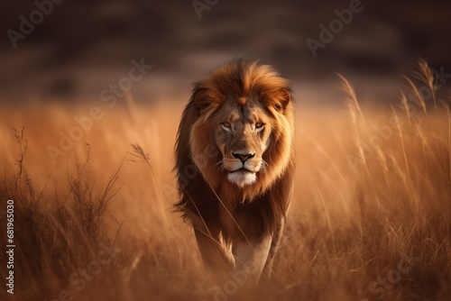 Big lion with mane in Africa. African lion walking in the grass  with beautiful evening light. Wildlife scene from nature. Animal in the habitat.