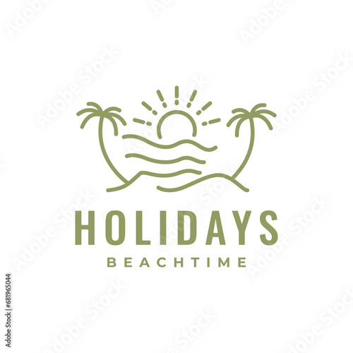beach holidays vacation sunset coconut trees line style simple logo design vector icon illustration