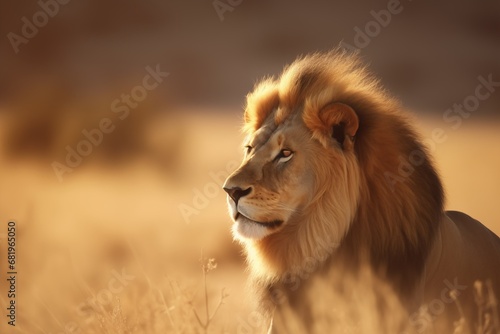 Big lion with mane in Africa. African lion walking in the grass, with beautiful evening light. Wildlife scene from nature. Animal in the habitat.