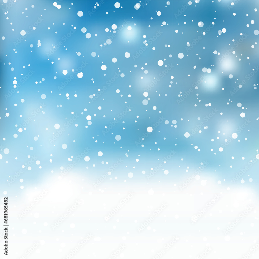 Fototapeta premium Natural Winter Christmas background with sky, heavy snowfall, snowflakes in different shapes and forms, snowdrifts. Vector