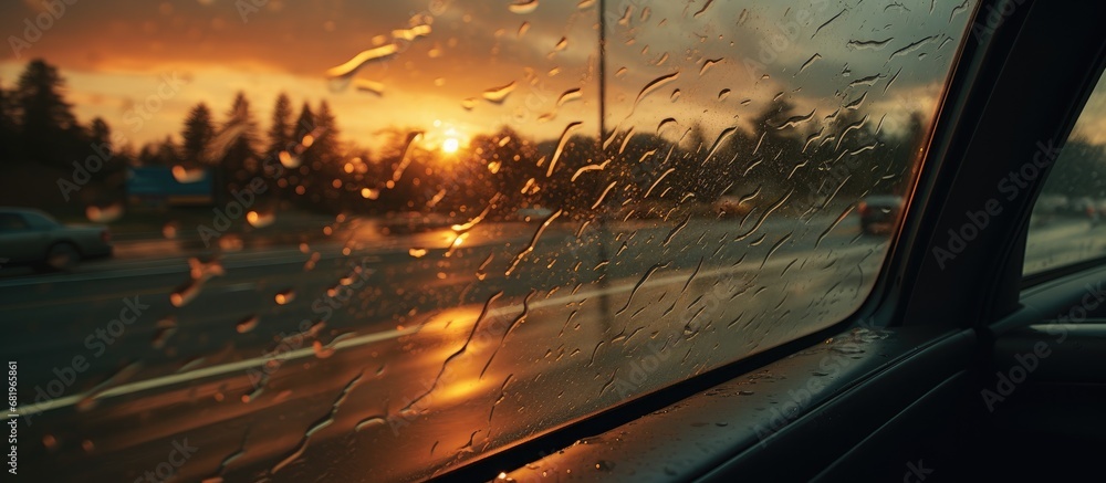 As the car sped along the freeway, the driver admired the vibrant orange hues of the sky through the windshield, while the wipers swiped at the raindrops on the glass. The truck and van passed by - obrazy, fototapety, plakaty 