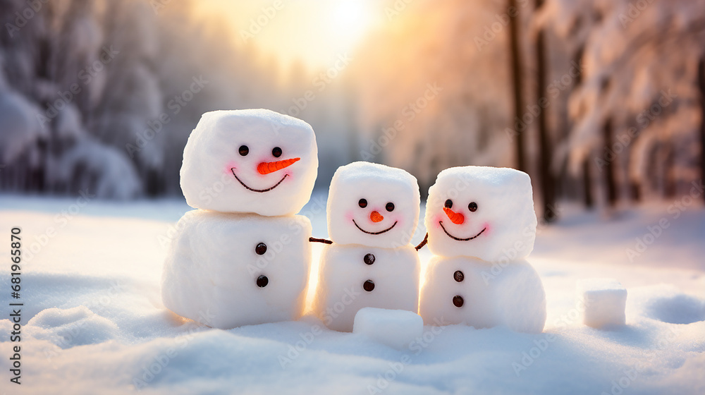 cute happy funny marshmallow snowman on snow with sunlight cute happy funny marshmallow snowman on snow with sunlight
