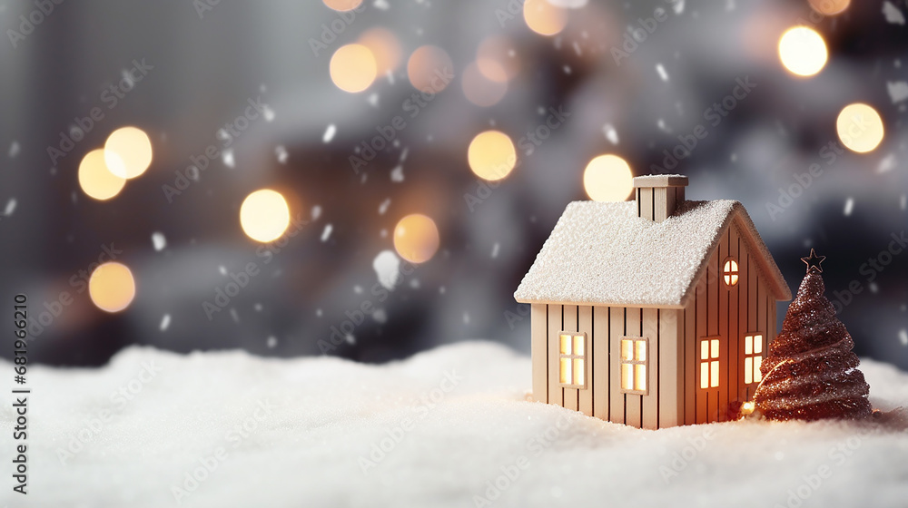 miniature Christmas wooden house on the snow over blur background