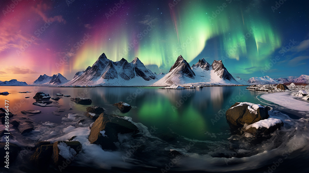 panorama with milky way and northern lights aurora borealis