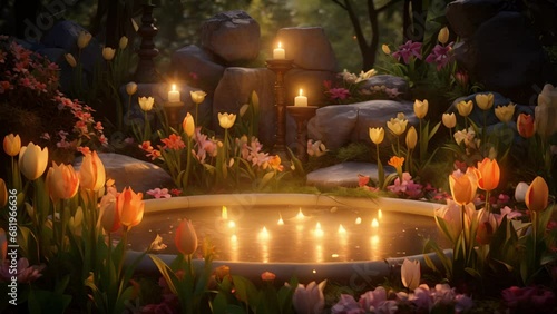 A peaceful scene of a candlelit Easter Resurrection Garden, with vibrant tulips and lilies surrounding an empty tomb, reminding us of the light and everlasting life that comes with the resurrection photo