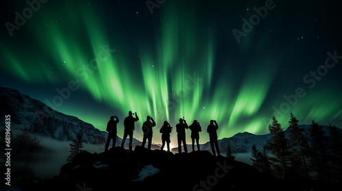 silhouette of a championat the northern green light background photo