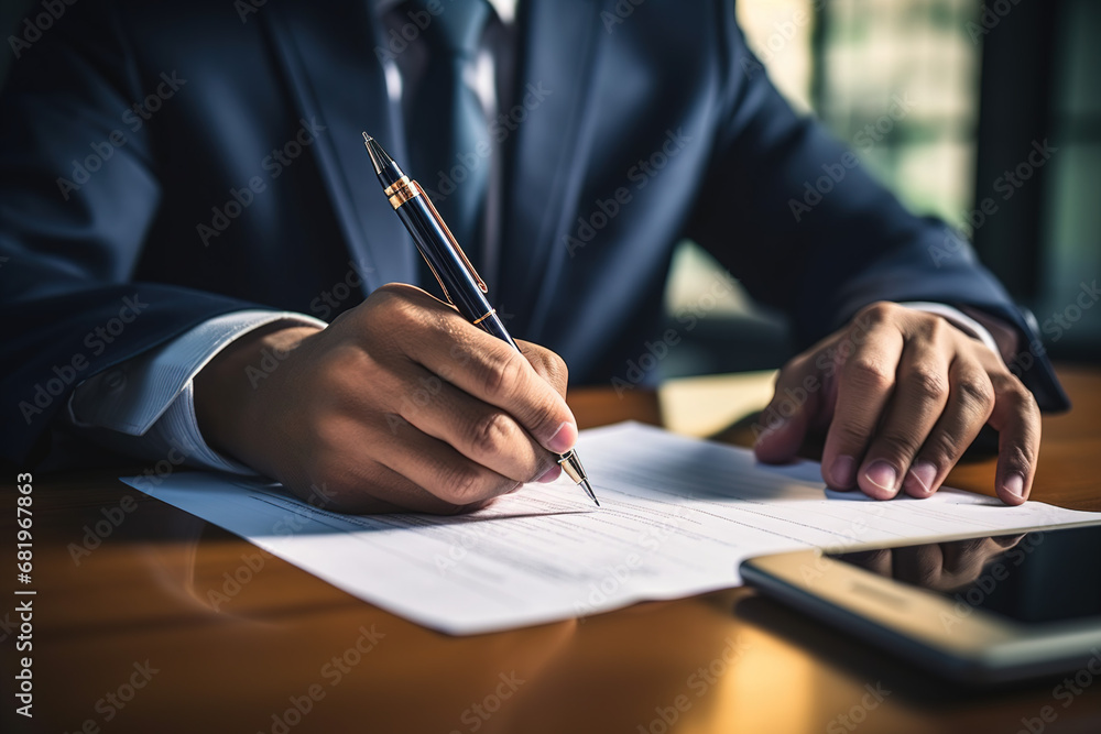 White Man Signing Documents at the Desk White Man Signing Documents at the Desk
