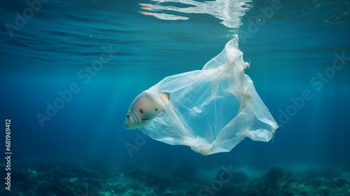 Fish trapped into a plastic bag under in water, concept of eco problem, plastic pollution under sea