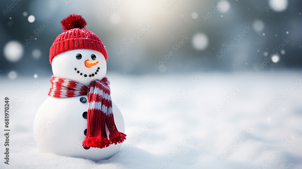little snowman in a cap and a red scarf on snow in the winter park