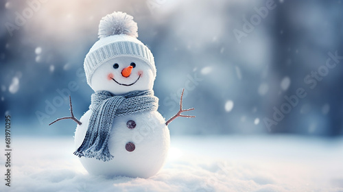 little snowman in a cap and a grey scarf on snow in the winter park © Aura
